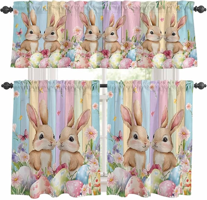 Easter Kitchen Curtains Set 3 Piece for Windows, Rod Pocket Valance and Tier Set 24 Inch Length, Spring Bunny Eggs Botanical Floral Wooden Grain Light Filtering Cafe Curtains for Living Room Bathroom