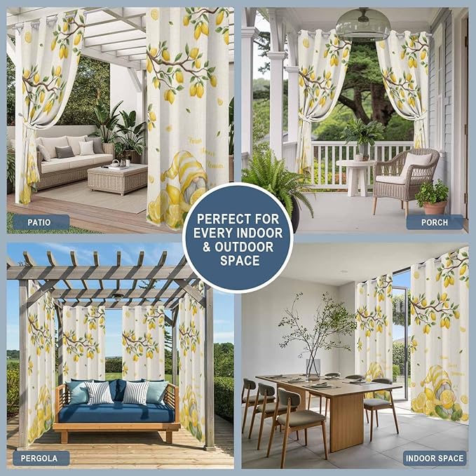 Summer Outdoor Curtains for Patio Lemon Gnome Leaf Linen Texture Waterproof Outside Curtains with Grommet Top Weatherproof Curtain for Cabana Pergola Gazebo, 1 Panel, 54" W x 84" L