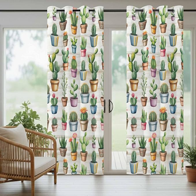 Summer Cactus Outdoor Curtains for Patio Cactus Tropical Plant Wooden Waterproof Outside Curtains with Grommet Top Weatherproof Curtain for Cabana Pergola Gazebo, 1 Panel, 54" W x 108" L
