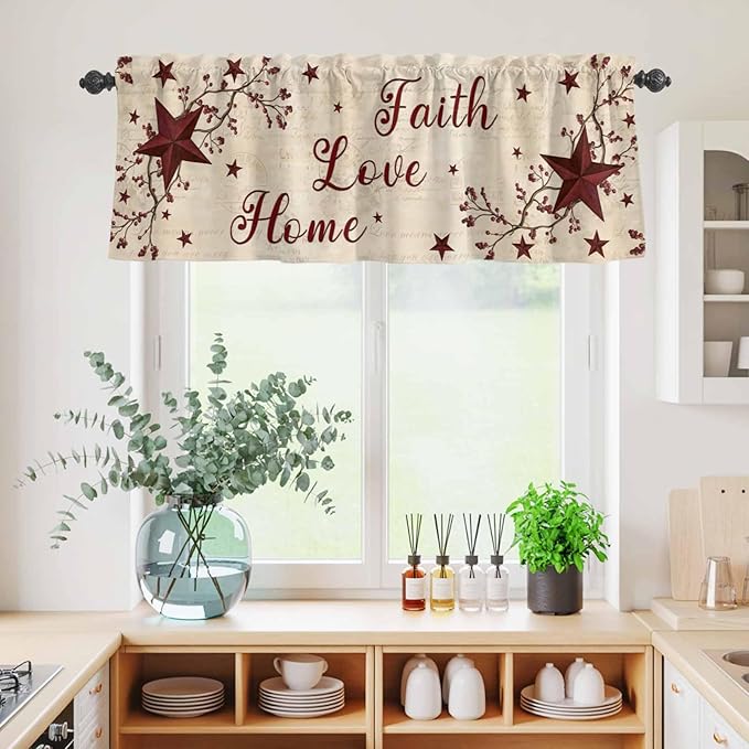 Kitchen Curtains Tiers and Valance Set of 3, Vintage Country Light Filtering Window Curtain Set, Vintage Rustic Texas Stars Plants Branch Rod Pocket Curtain Drapes for Living Room, 24 Inches Tiers
