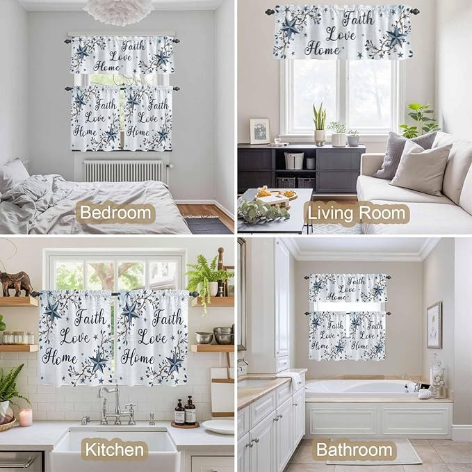 Kitchen Curtains Tiers and Valance Set of 3, Texas Star Country Light Filtering Window Curtain Set, Blue Farmhouse Branches Rod Pocket Curtain Drapes for Cafe, Living Room, 36 Inches Tiers