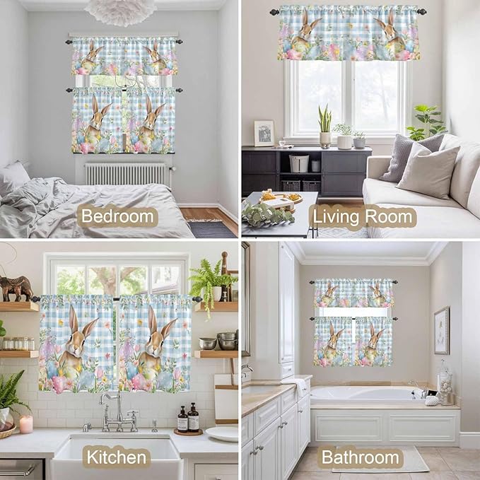 Kitchen Curtains Tiers and Valance Set of 3, Easter Light Filtering Window Curtain Set, Spring Rabbit Eggs Seasonal Flowers Blue Lattice Rod Pocket Curtain Drapes for Living Room, 36 Inches Tiers