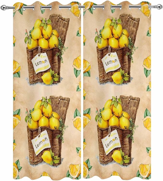Lemon Outdoor Curtains for Patio Lemons in Baskets Summer Tropical Plant Brown Waterproof Outside Curtains with Grommet Top Weatherproof Curtain for Cabana Pergola Gazebo, 2 Pack, 54" W x 95" L