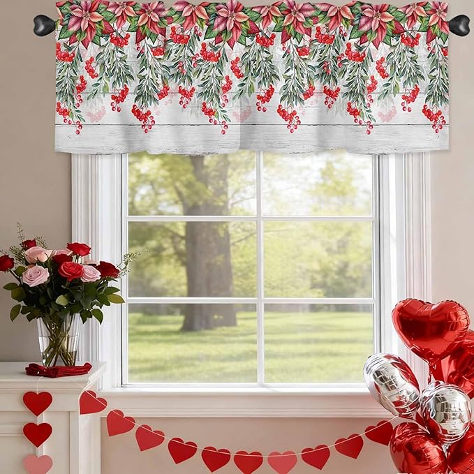 Poinsettia Berry Valance Curtains for Kitchen, Red Floral Winter Plants Vintage Wood Grain Privacy Rod Pocket Valance Curtain, Light-Filtering Window Treatment for Bedroom Bathroom, 60"x14"