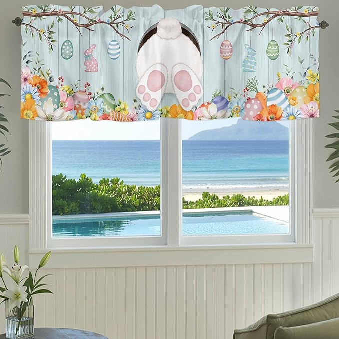 Easter Bunny Curtain Valances for Windows, Kitchen Valance Window Treatment, Easter Eggs Spring Farmhouse Wood Grain Teal Blue Light Filter Block Curtains for Bathroom/Bedroom/Living Room 54'' x 18''