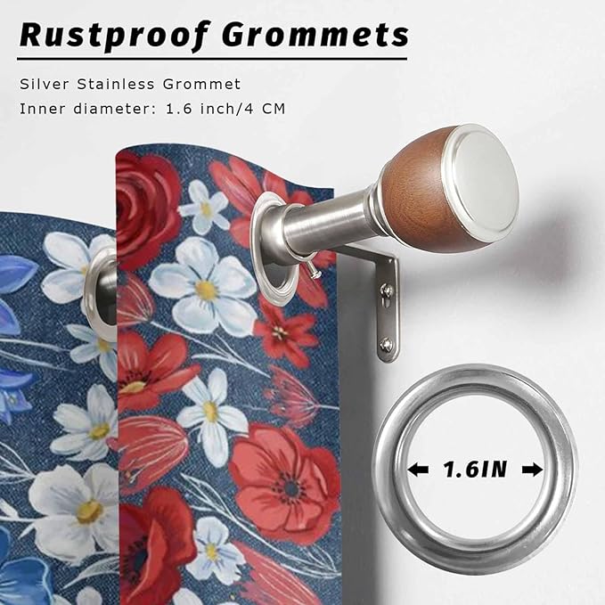 4th of July Outdoor Curtains for Patio Patriotic Flowers Farmhouse Red Waterproof Outside Curtains with Grommet Top Weatherproof Curtain for Cabana Pergola Gazebo, 1 Panel, 54" W x 108" L
