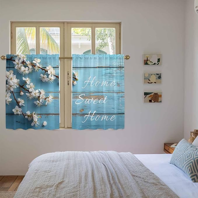 Farmhouse Wooden Grain Tier Curtains, Vintage Shabby Chic Flower Blue Light Filtering Kitchen Curtains, 2Pcs Rod Pocket Half Window Treatments Panels for Sink Cafe Cabinet Basement 27.5x45 Inches