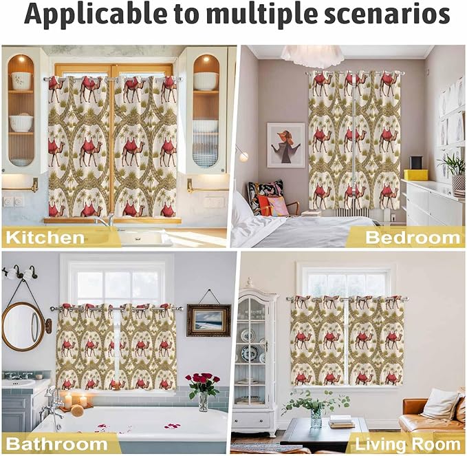 2 Panel Kitchen Cafe Curtains, Camels Palm Trees Sunlight Filtering Nature Air Through, Window Decor Tier Curtains for Living Room 104W x 84L inch Desert Date Coconut Trees Leaves Cords Beige