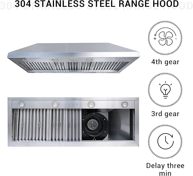 CHETTO C Stainless Steel Range Hood Cover with 4-Speed Vent Hood Insert Custom Handmade Metal Kitchen Fan with Towel Rack LED Light 42"W x21"D x39"H Black Wall Mount