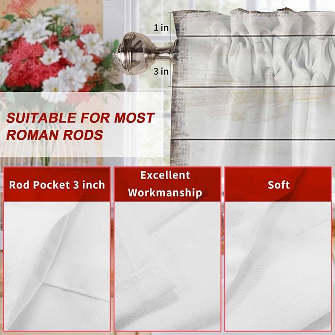 Happy Valentine's Valance Curtains for Kitchen, Day Gnomes Love Heart on Rustic Wood Grain Privacy Rod Pocket Valance Curtain, Light-Filtering Window Treatment for Bedroom Bathroom, 54"x18"