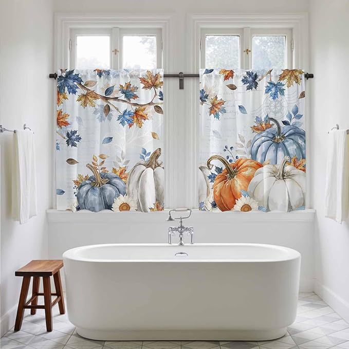 Fall Blue Maple Kitchen Curtains 45 Inch Long 2 Panel Set,Rod Pocket Window Treatment,Thanksgiving Pumpkins Daisy Country Leaves Short Curtains & Drapes for Bathroom Laundry 52"W x 45"L