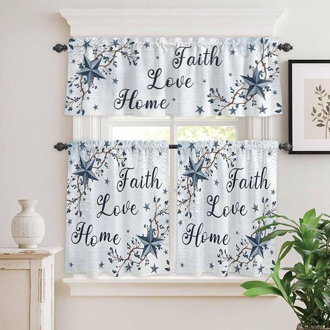 Kitchen Curtains Tiers and Valance Set of 3, Texas Star Country Light Filtering Window Curtain Set, Blue Farmhouse Branches Rod Pocket Curtain Drapes for Cafe, Living Room, 36 Inches Tiers