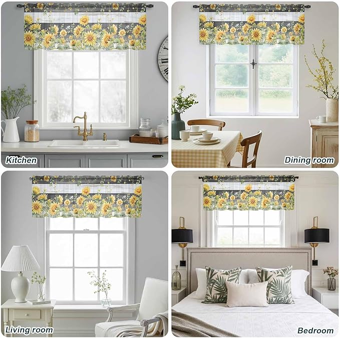 Summer Floral Sheer Valance Curtains, Watercolor Sunflower Eucalyptus Leaves Black Wood Grain Light Filtering Kitchen Valances Rod Pocket Voile Curtain for Bedroom/Living Room/Basement 60Wx18L