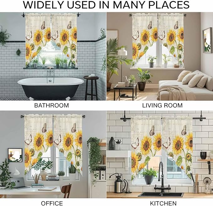 Farm Sunflowers Swag Valances for Windows, Retro Flowers Butterfly Botanical Beige Rod Pocket Kitchen Curtains Valance, Kitchen Window Curtains Swag for Cafe Bathroom Living Room, 2 Panels, 36x45 inch