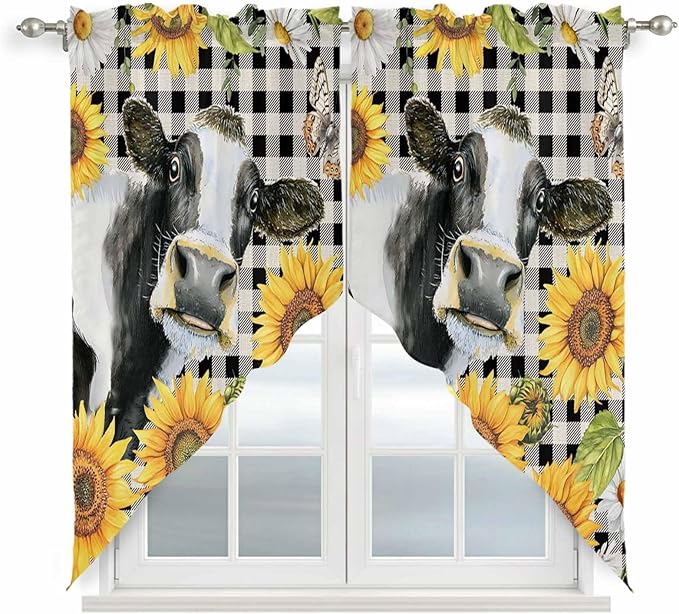 Retro Sunflowers Swag Valances for Windows, Farmhouse Floral Cow Butterfly Black Plaid Rod Pocket Kitchen Curtains Valance, Small Window Curtains Swag for Cafe Living Room, 2 Panels, 36x36 inch