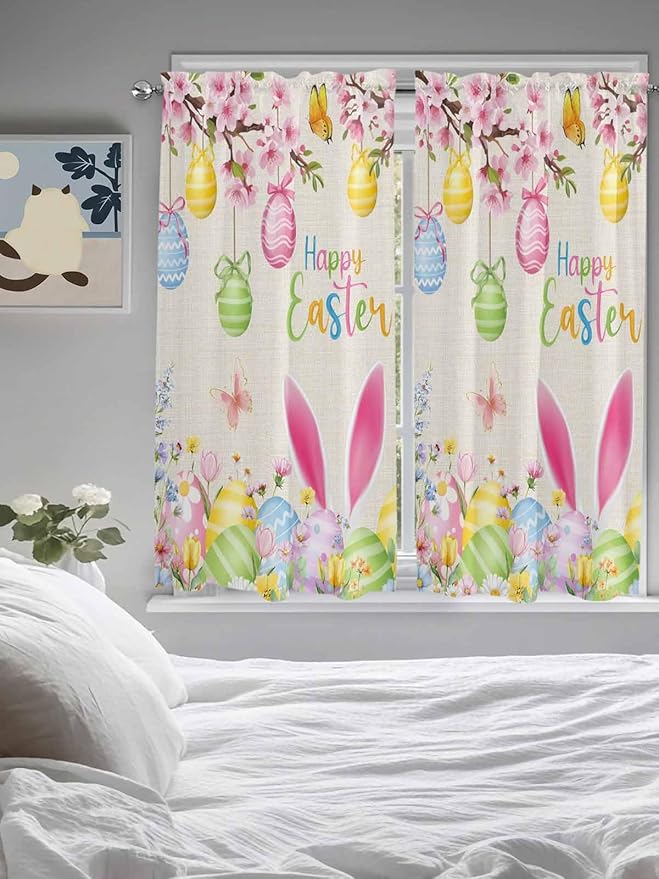 Happy Easter Bedroom Curtains 63 Inches length, Spring Farmhouse Bunny Eggs Flower Beige Window Treatment Curtain Drapes, Rod Pocket Curtain Panels for Living Room Kitchen, 42"x63", 2 Panels