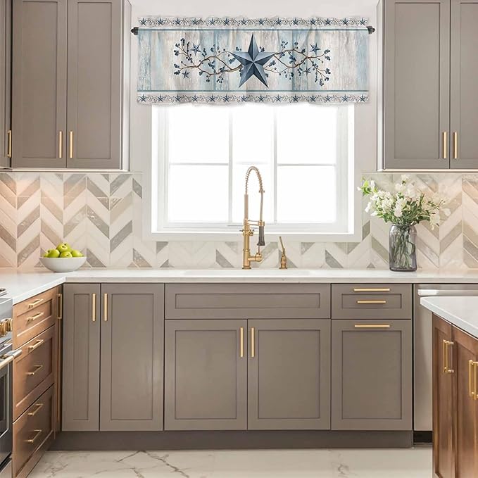 Blue Texas Star Valances for Windows, Vintage Star Berry Blue Beige Wood Grain Kitchen Valance Light Filtering Rod Pocket Short Curtains for Kitchen Bathroom, 1 Panel, 42"x12"