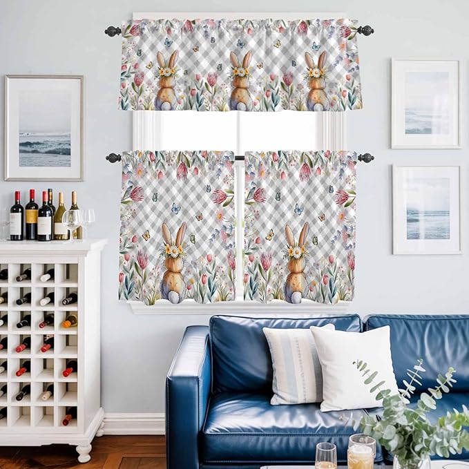 Kitchen Curtains Tiers and Valance Set of 3, Easter Light Filtering Window Curtain Set, Spring Rabbit Butterfly Botanical Florals Grey Plaid Rod Pocket Curtain Drapes for Living Room, 24 Inches Tiers