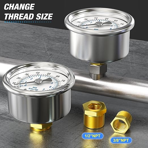 MEANLIN MEASURE 0~100Psi Dry Pressure Gauge Stainless Steel 1/4" NPT 2" FACE DIAL Waterproof for Well Pump Water Tire Water Pressure Tester Back Mount, with 1/2" NPT and 3/8" NPT Hex Bushing