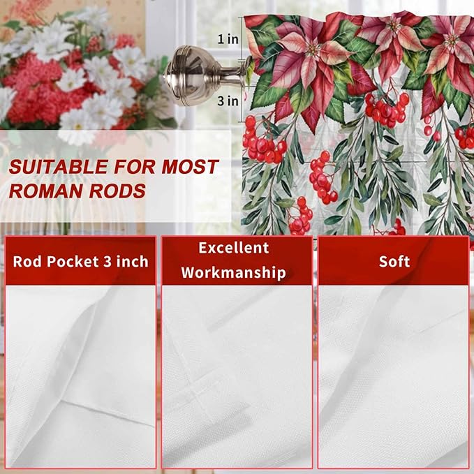 Poinsettia Berry Valance Curtains for Kitchen, Red Floral Winter Plants Vintage Wood Grain Privacy Rod Pocket Valance Curtain, Light-Filtering Window Treatment for Bedroom Bathroom, 42"x18"
