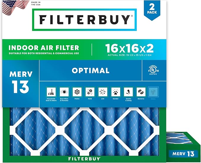 Filterbuy 16x16x2 Air Filter MERV 13 Optimal Smoke & Allergy Defense (2-Pack), Electrostatic Pleated HVAC AC Furnace Filters Replacement, Made in USA (Actual Size: 15.50 x 15.50 x 1.75)