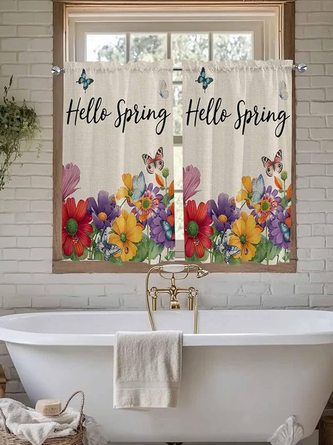 Spring Flowers Tier Curtains 45 Inches Long, Farmhouse Vintage Country Colorful Floral Window Treatment Curtain Drapes, Small Curtain Drapes for Bathroom Laundry Room, 27.5"x45", 2 Panels