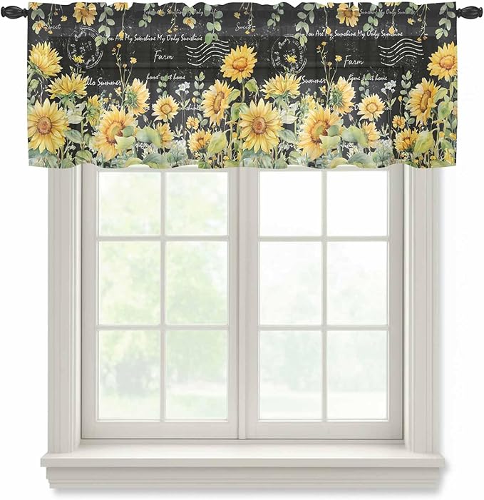 Summer Floral Sheer Valance Curtains, Watercolor Sunflower Eucalyptus Leaves Letter Print Light Filtering Kitchen Valances Rod Pocket Voile Curtain Treatment for Bedroom/Living Room/Basement 54Wx18L