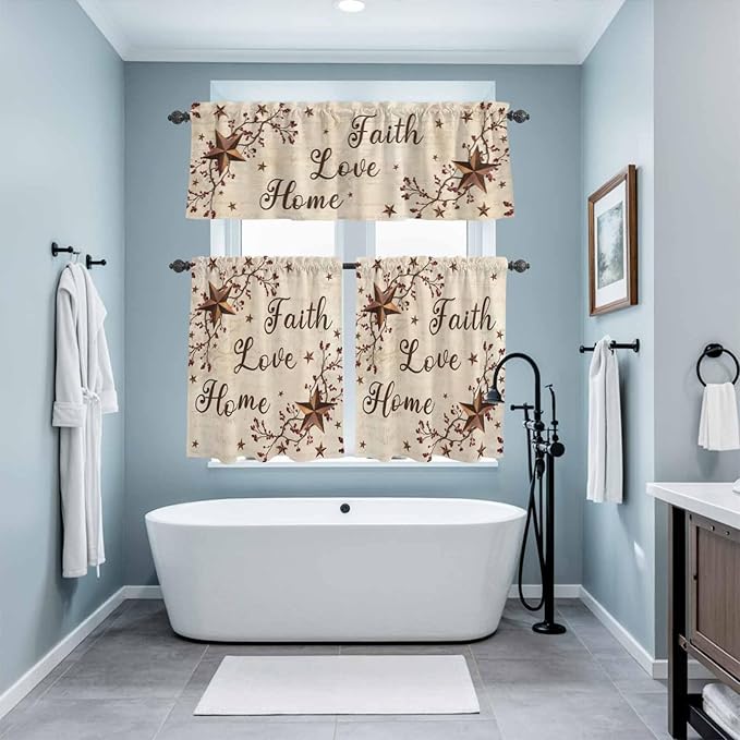 Kitchen Curtains Tiers and Valance Set of 3, Brown Farmhouse Light Filtering Window Curtain Set, Retro Country Stars Rustic Branches Berry Rod Pocket Curtain Drapes for Living Room, 36 Inches Tiers