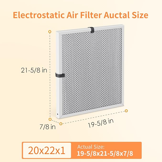 2-Pack 20x22x1 MERV 8 Reusable & Washable Electrostatic Air Filters - Long-Lasting Filter for HVAC, Furnace & Air Conditioner Units, Actual Size: 19-5/8” x 21-5/8” x 7/8”