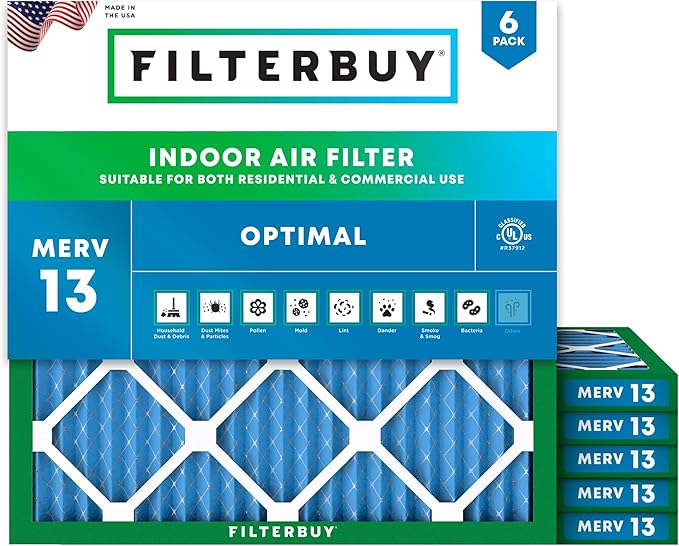 Filterbuy 18x18x1 Air Filter MERV 13 Optimal Smoke & Allergy Defense (6-Pack), Electrostatic Pleated HVAC AC Furnace Filters Replacement, Made in USA (Actual Size: 17.75 x 17.75 x 0.75)