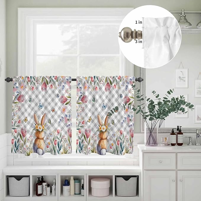 Kitchen Curtains Tiers and Valance Set of 3, Easter Light Filtering Window Curtain Set, Spring Rabbit Butterfly Botanical Florals Grey Plaid Rod Pocket Curtain Drapes for Living Room, 36 Inches Tiers