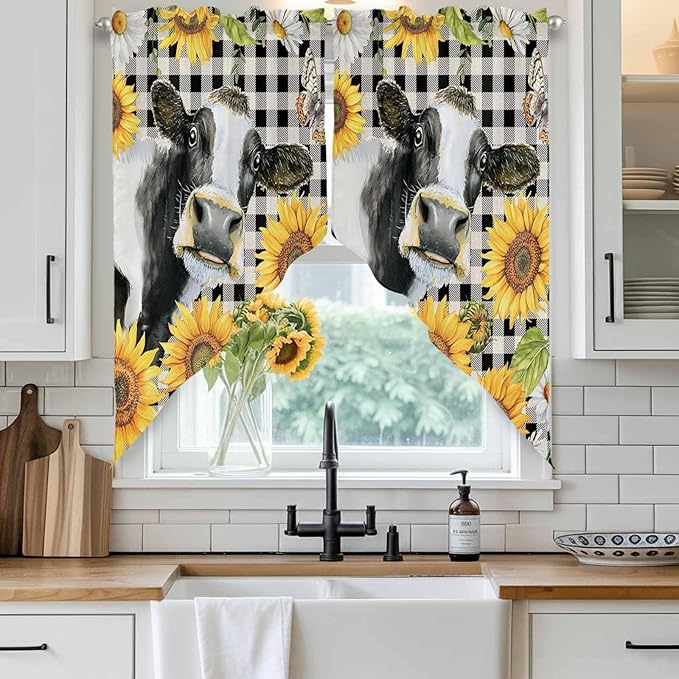 Retro Sunflowers Swag Valances for Windows, Farmhouse Floral Cow Butterfly Black Plaid Rod Pocket Kitchen Curtains Valance, Small Window Curtains Swag for Cafe Living Room, 2 Panels, 36x36 inch