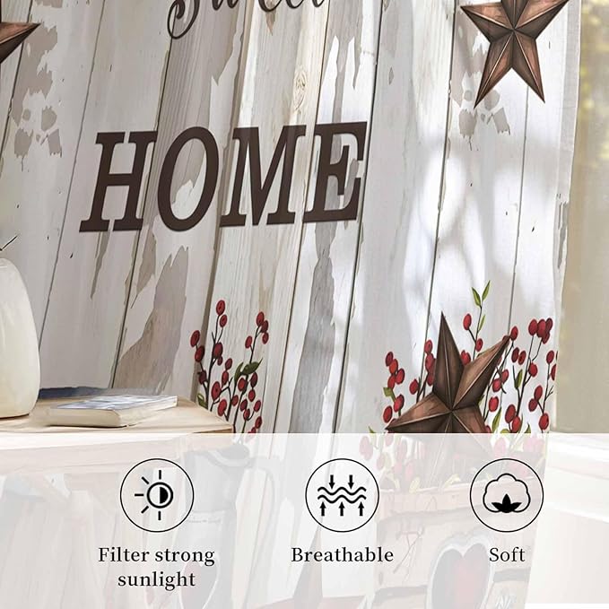 Farmhouse Sheer Curtains 45 Inch Length Retro Country Star Berry Vintage Wood Grain Chiffon Curtain for Bedroom Living Room Light Filtering Window Treatments Voile Curtains Drapes for Kitchen