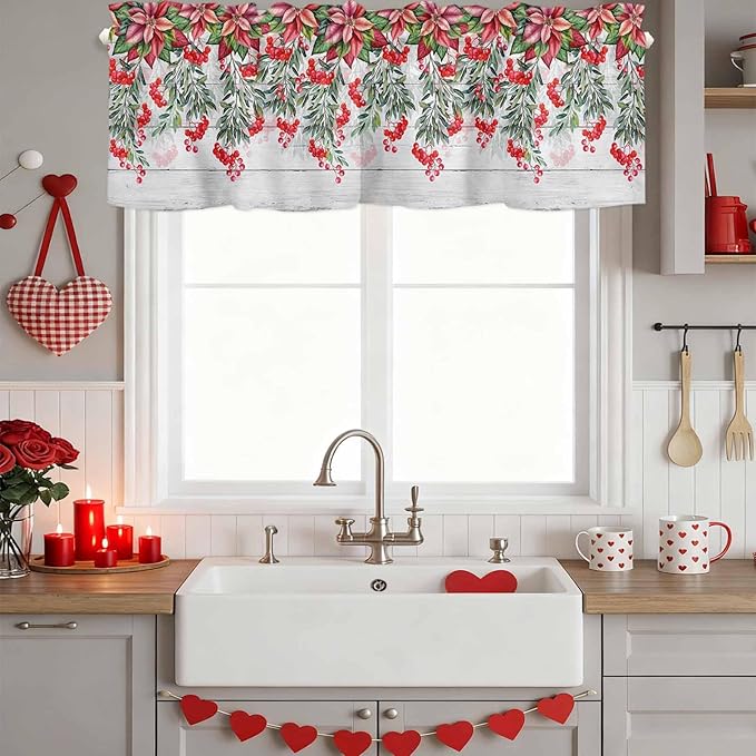 Poinsettia Berry Valance Curtains for Kitchen, Red Floral Winter Plants Vintage Wood Grain Privacy Rod Pocket Valance Curtain, Light-Filtering Window Treatment for Bedroom Bathroom, 42"x12"