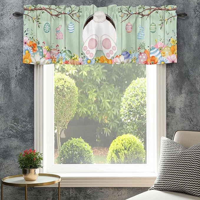 Easter Curtain Valances for Windows, Kitchen Valance Window Treatment, Spring Watercolor Bunny Eggs Wooden Grain Green Light Filtering Block Curtains for Bathroom/Bedroom/Living Room 42'' x 18''