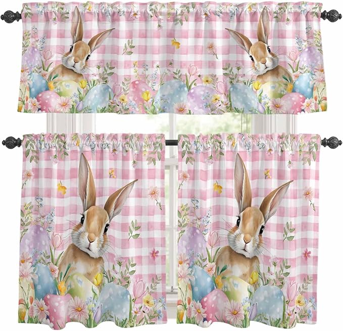 Kitchen Curtains Tiers and Valance Set of 3, Easter Light Filtering Window Curtain Set, Spring Rabbit Eggs Nature Botanicals Pink Plaid Rod Pocket Curtain Drapes for Cafe, Living Room, 36 Inches Tiers