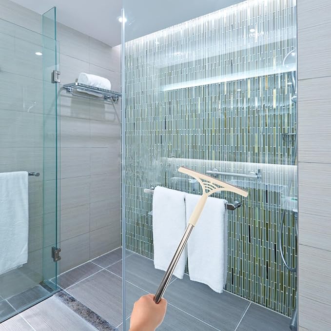 Toyvian Multi-Functional Glass Squeegee with Scrubber, Dry and Wet Use Window Cleaner Tool for Tiles and Car Windows, Khaki Household Extendable Shower Squeegee for Bathroom and Kitchen