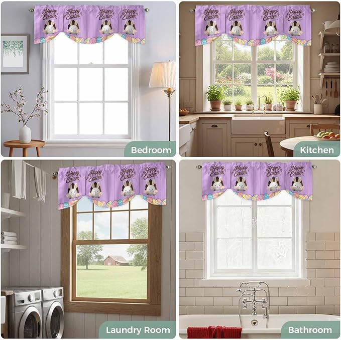 Purple Easter Tie Up Valance Curtains for Windows, Kitchen Curtains Window Shades, Spring Cartoon Bunny Colorful Eggs Wood Grain Light Filtering Curtain Valances for Bedroom/Bathroom/Cafe 54"x18"