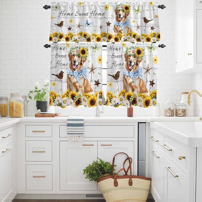 Kitchen Curtains Tiers and Valance Set of 3, Sunflowers Dog Light Filtering Window Curtain Set, Spring Watercolor Floral Stars Wood Grain Rod Pocket Curtain Drapes for Living Room, 24 Inches Tiers