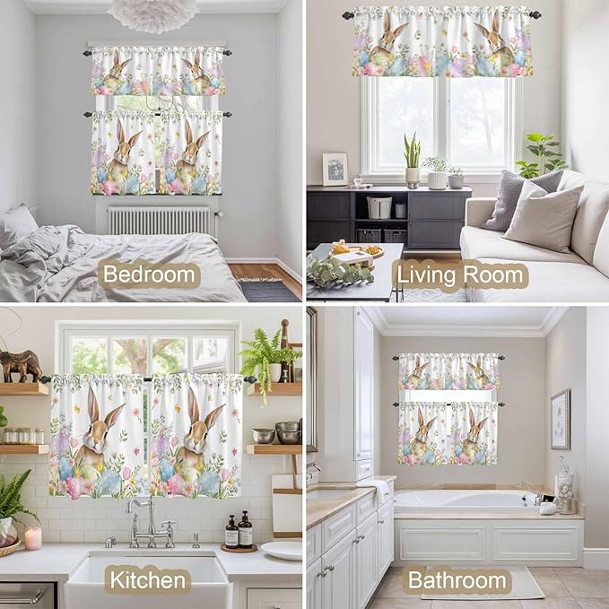 Kitchen Curtains Tiers and Valance Set of 3, Easter Light Filtering Window Curtain Set, Spring Rabbit Colorful Eggs Budding Florals Leaf Rod Pocket Curtain Drapes for Living Room, 24 Inches Tiers