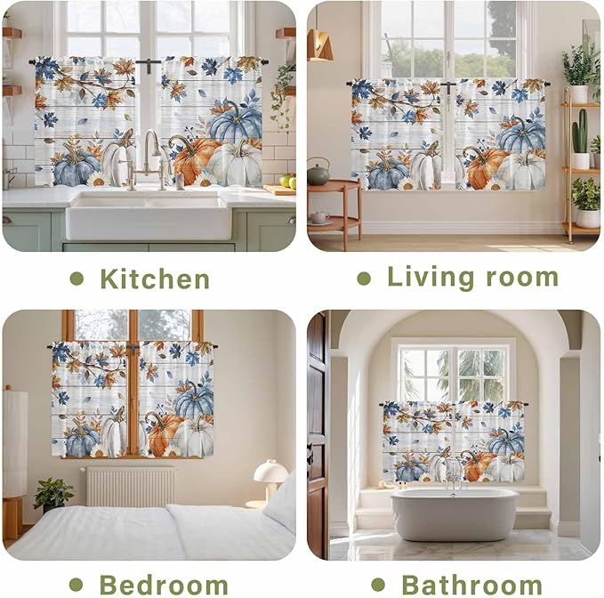 Thanksgiving Pumpkin Kitchen Curtains 45 Inch Long 2 Panel Set, Rod Pocket Window Treatment, Fall Maple Leaf Daisy Wooden Grain Light Filtering Short Curtains & Drapes for Bathroom Laundry 52"W x 45"L