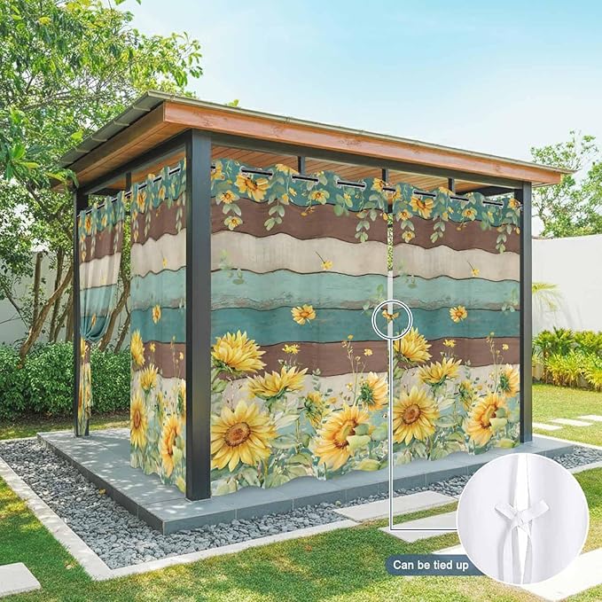 Sunflowers Outdoor Curtains for Patio Summer Floral Eucalyptus Leaves Vintage Wood Waterproof Outside Curtains with Grommet Top Weatherproof Curtain for Cabana Pergola Gazebo, 2 Pack, 54" W x 108" L
