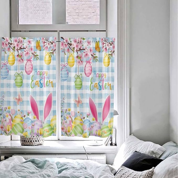 Happy Easter Tier Curtains 45 Inches Long, Spring Watercolor Bunny Eggs Flower Blue Plaid Window Treatment Curtain Drapes, Small Curtain Drapes for Bathroom Laundry Room, 27.5"x45", 2 Panels