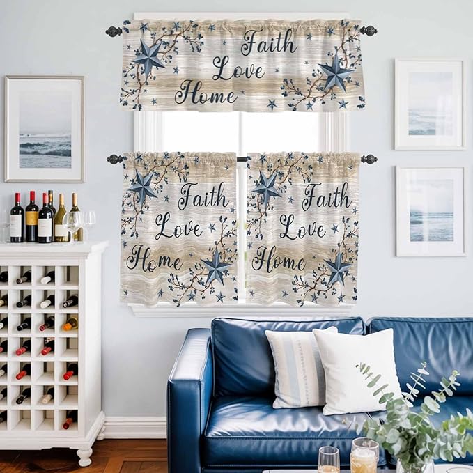 Kitchen Curtains Tiers and Valance Set of 3, Vintage Country Light Filtering Window Curtain Set, Blue Rustic Texas Star Vines Wooden Grain Rod Pocket Curtain Drapes for Living Room, 24 Inches Tiers