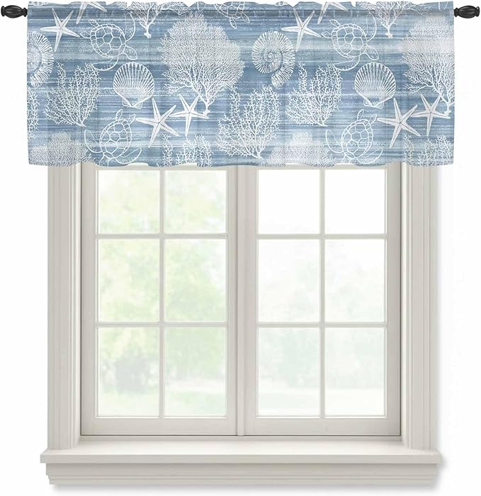 Haze Blue Retro Summer Sheer Valance Curtains, Sea Turtle Starfish Coral Ocean Light Filtering Kitchen Valances Rod Pocket Voile Curtain Window Treatment for Bedroom/Living Room/Basement 42Wx18L