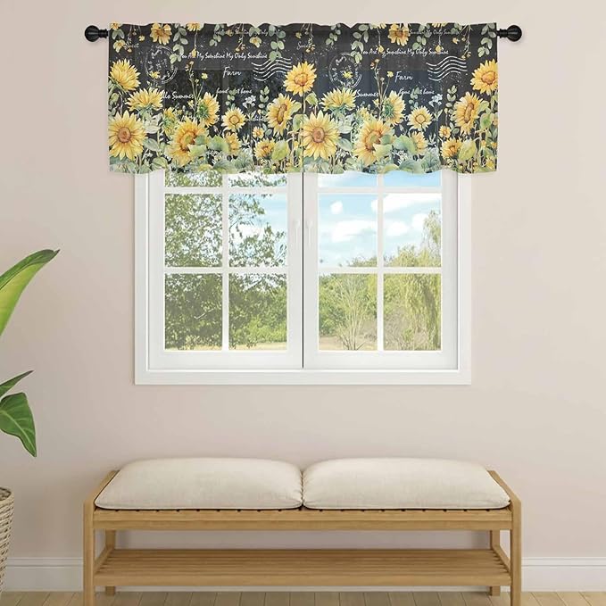 Summer Floral Sheer Valance Curtains, Watercolor Sunflower Eucalyptus Leaves Letter Print Light Filtering Kitchen Valances Rod Pocket Voile Curtain Treatment for Bedroom/Living Room/Basement 54Wx18L