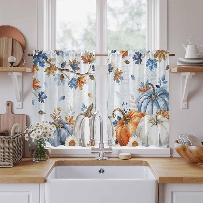 Fall Blue Maple Kitchen Curtains 54 Inch Long 2 Panel Set,Rod Pocket Window Curtains Panels,Thanksgiving Pumpkins Daisy Country Leaves Light Filtering Privacy Draperies for Bedroom Laundry 42"W x 54"L