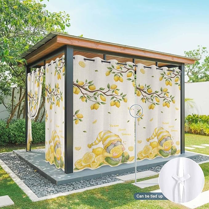 Summer Outdoor Curtains for Patio Lemon Gnome Leaf Linen Texture Waterproof Outside Curtains with Grommet Top Weatherproof Curtain for Cabana Pergola Gazebo, 1 Panel, 54" W x 95" L