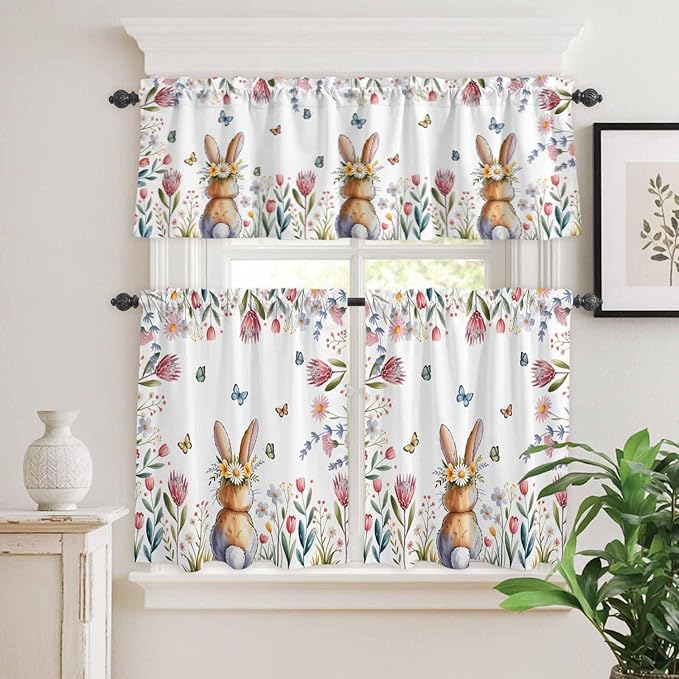 Kitchen Curtains Tiers and Valance Set of 3, Easter Light Filtering Window Curtain Set, Spring Flowers Wreath Rabbit Budding Florals Rod Pocket Curtain Drapes for Cafe, Living Room, 24 Inches Tiers