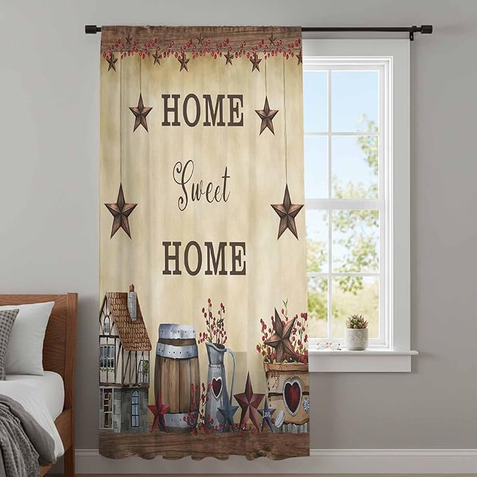 Farm Sheer Curtains 54 Inch Length American Country Barn Star Vintage Berry Brown Chiffon Curtain for Bedroom Living Room Light Filtering Rod Pocket Window Treatments Voile Curtains Drapes for Kitchen